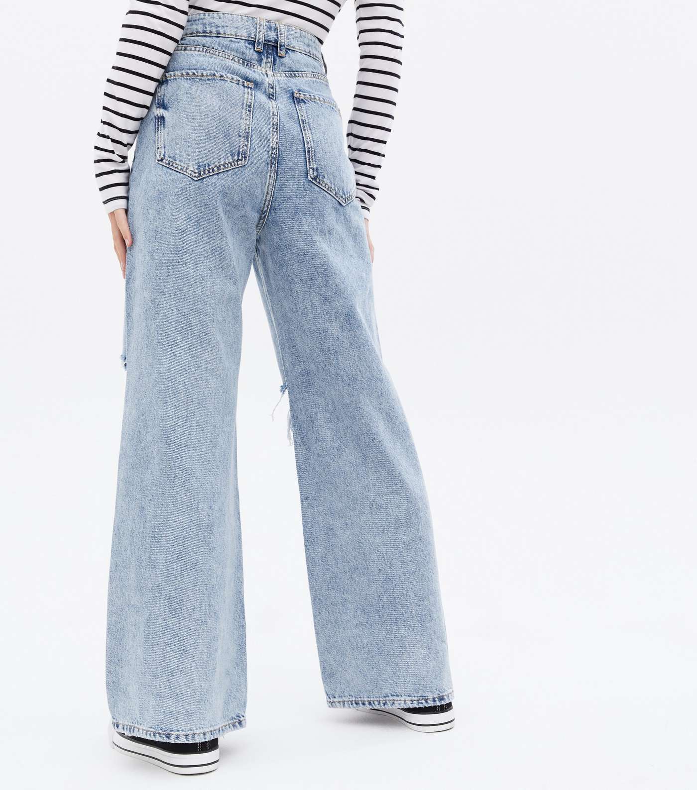 Petite Pale Blue Ripped High Waist Wide Leg Dad Jeans Image 4