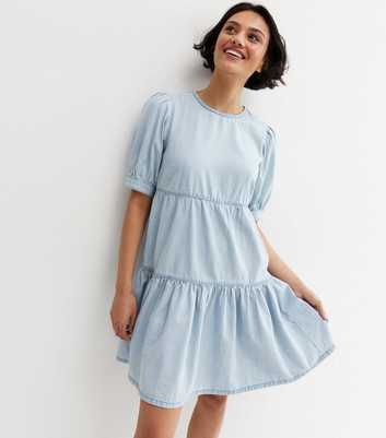 Pale Blue Denim Tiered Mini Smock Dress