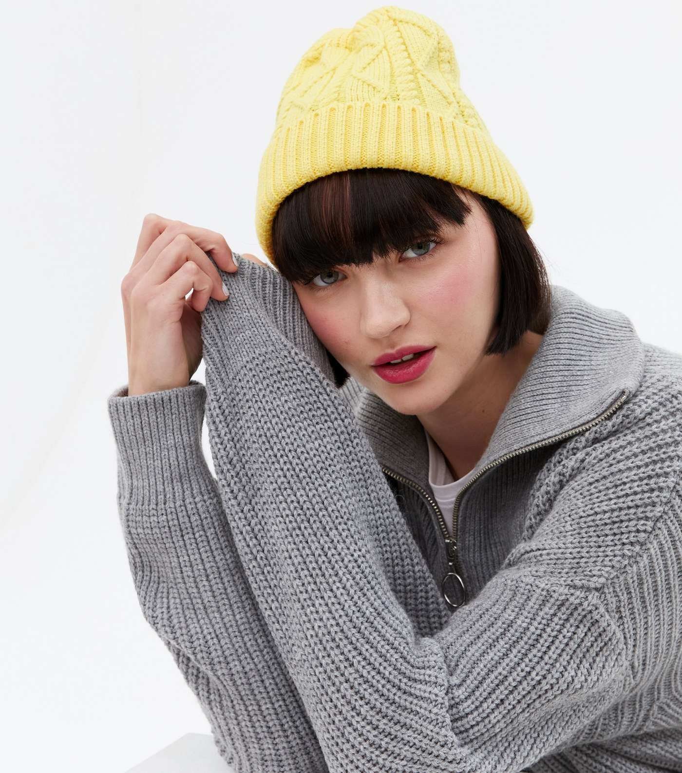 Pale Yellow Cable Knit Beanie