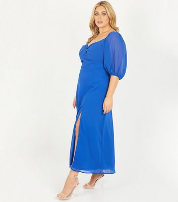 Quiz Curves Blue Chiffon Sweetheart Midi Dress New Look