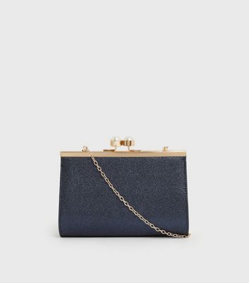 shop for Navy Metallic Faux Pearl Clasp Clutch Bag New Look at Shopo