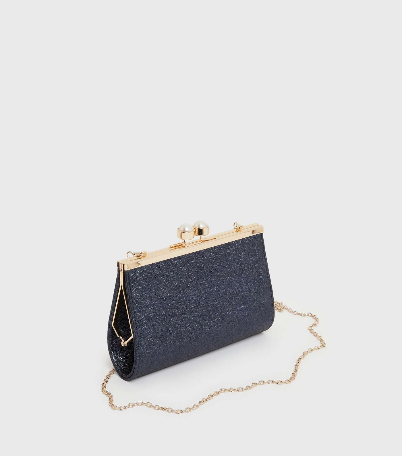 Navy Metallic Faux Pearl Clasp Clutch Bag Image 3