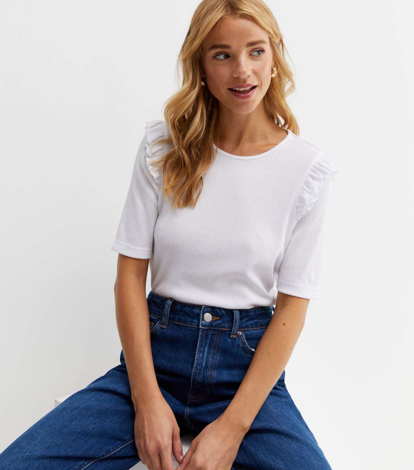 White Fine Knit Frill Short Sleeve Top