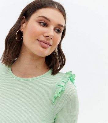 Light Green Fine Knit Frill Short Sleeve Top New Look