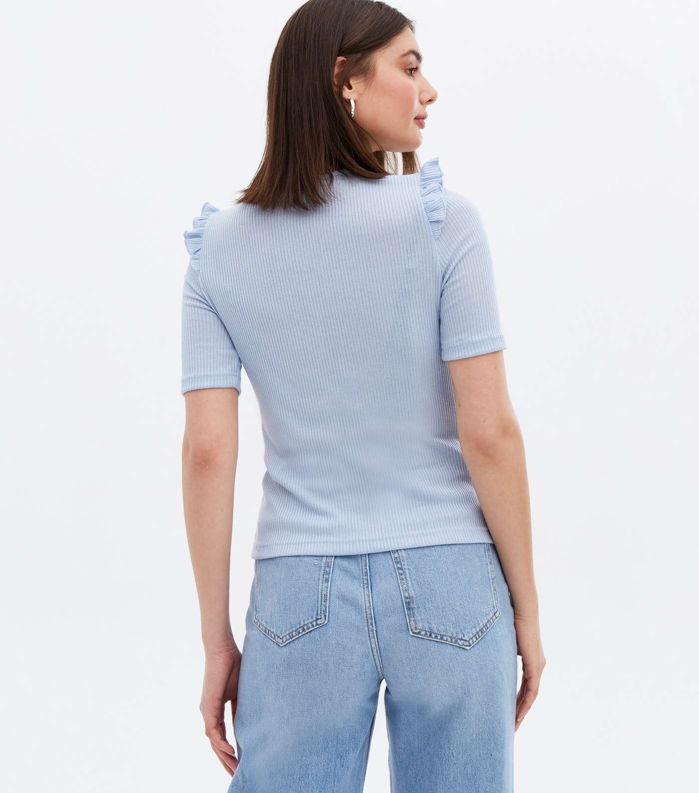 Pale Blue Fine Knit Frill Short Sleeve Top Image 4