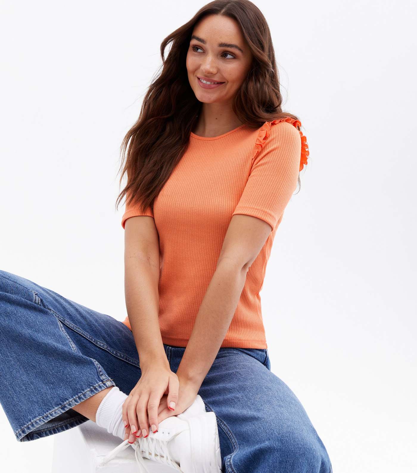 Coral Fine Knit Frill Short Sleeve Top