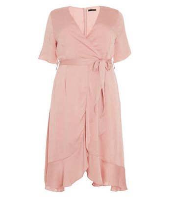 Quiz Curves Pale Pink Frill Midi Wrap Dress New Look