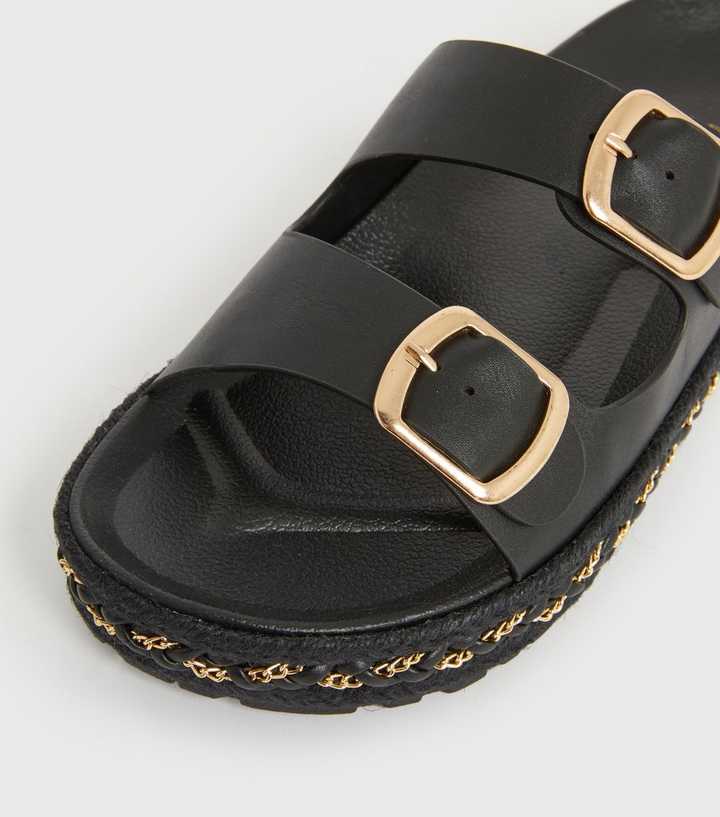 Wide Fit Black Leather-Look Buckle Sliders
