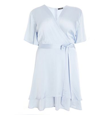 Click to view product details and reviews for Quiz Curves Pale Blue Satin Mini Wrap Skater Dress New Look.