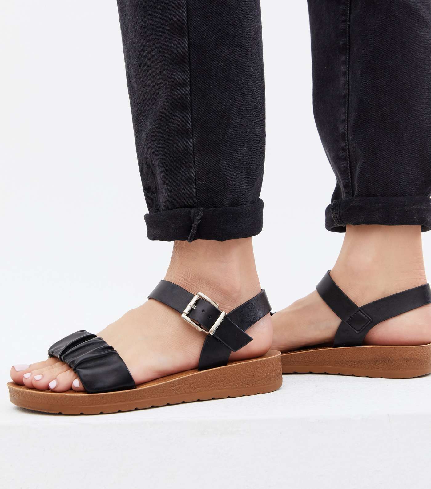 Wide Fit Black Ruched Chunky Sandals Image 2