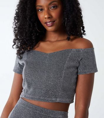 Click to view product details and reviews for Pink Vanilla Silver Glitter Sweetheart Bardot Crop Top New Look.