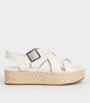 Off White Strappy Woven Chunky Sandals