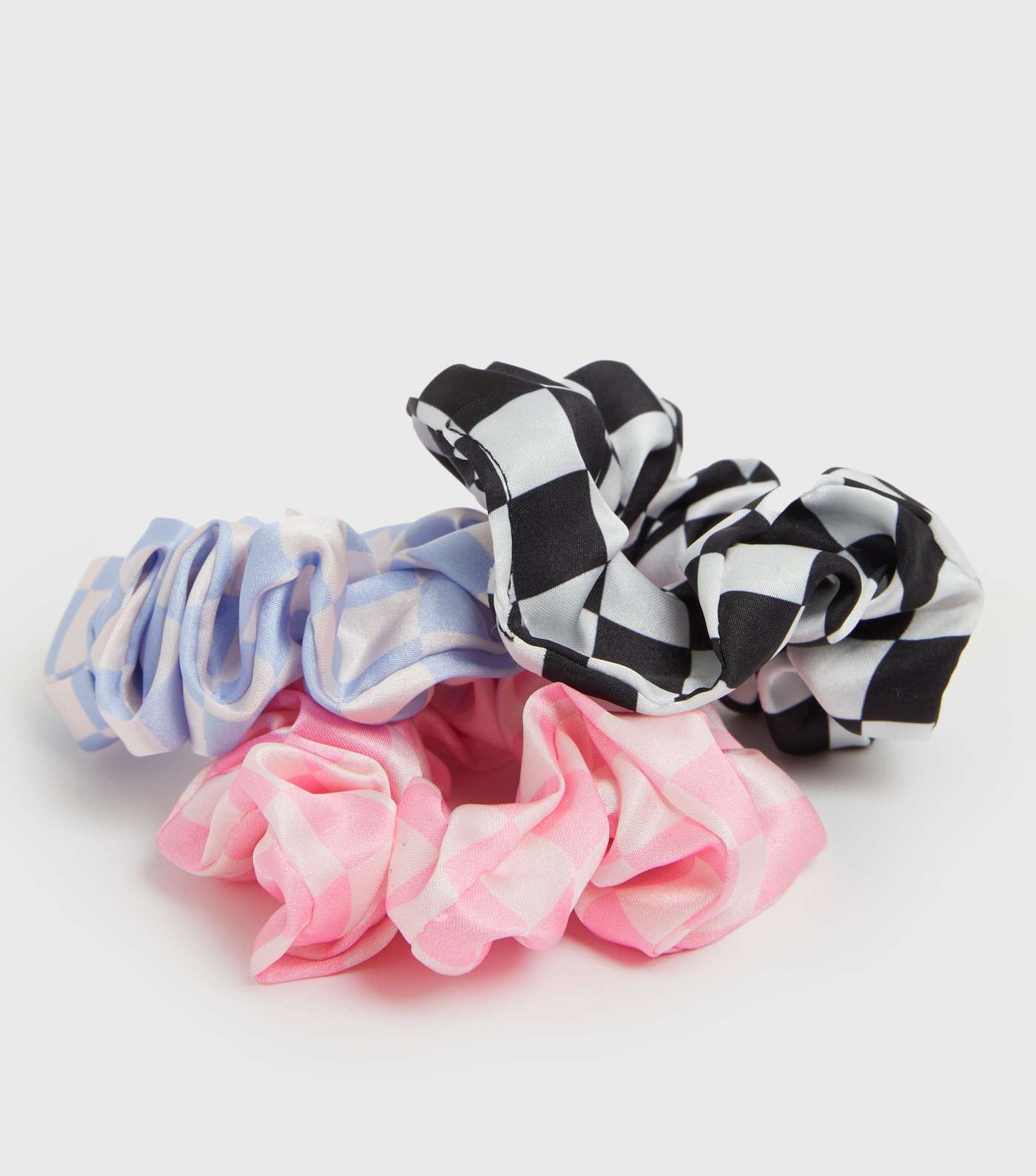 Girls 3 Pack Blue Pink and Black Check Scrunchies