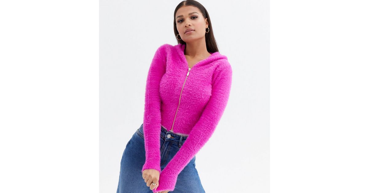 Pink Vanilla Pink Fluffy Knit Zip Hoodie New Look