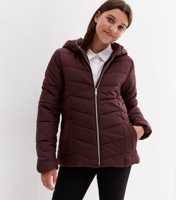 burgundy puffer jacket with hood