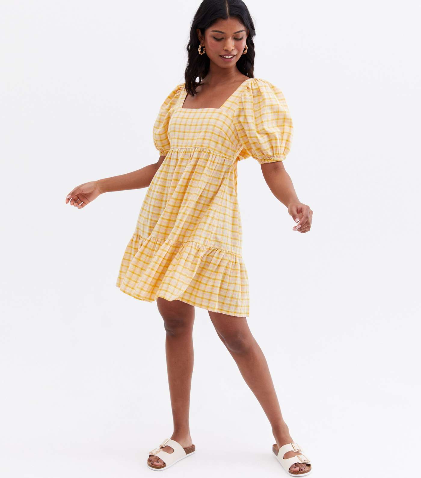 Yellow Check Square Neck Tiered Mini Dress Image 2