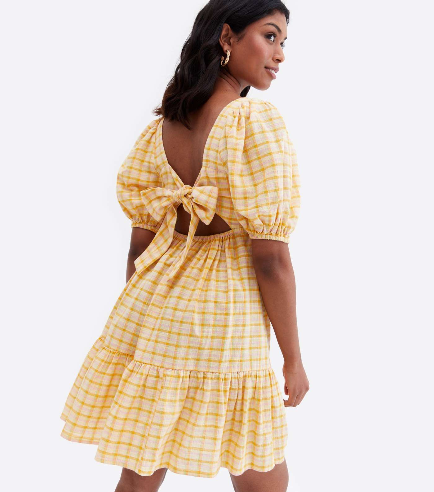 Yellow Check Square Neck Tiered Mini Dress Image 4
