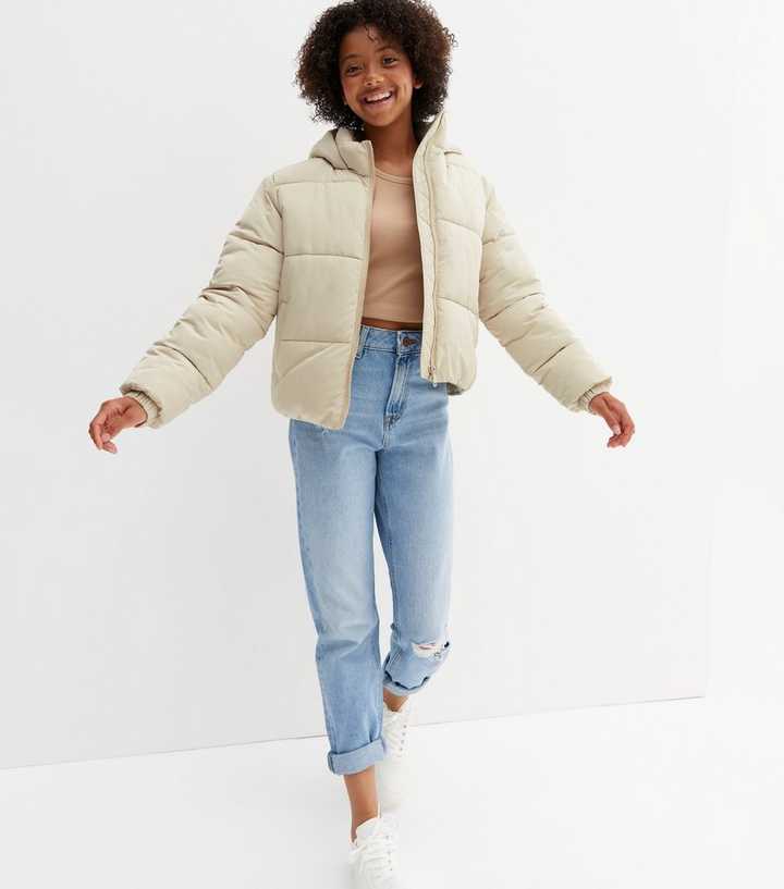 Girls Stone Hooded Zip Puffer Jacket | New Look