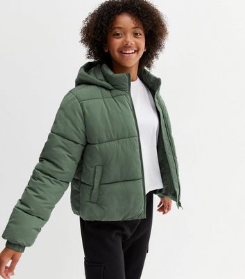Girls Dark Green Hooded Zip Puffer 