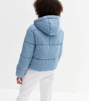 light blue hooded puffer jacket