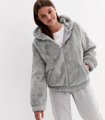 Girls Grey Faux Fur Hooded Jacket