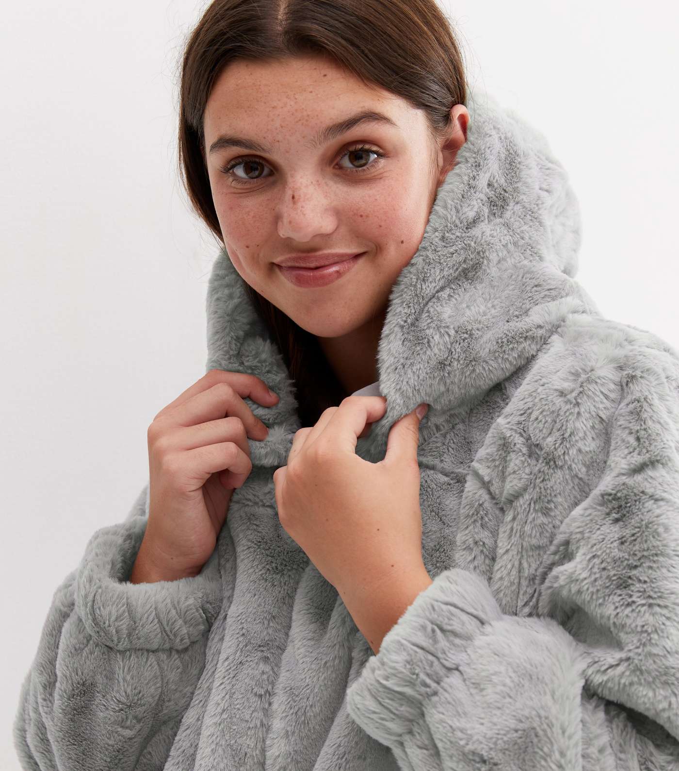 Girls Grey Faux Fur Hooded Jacket Image 3