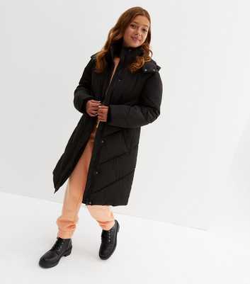 Girls Black Hooded Midi Puffer Jacket