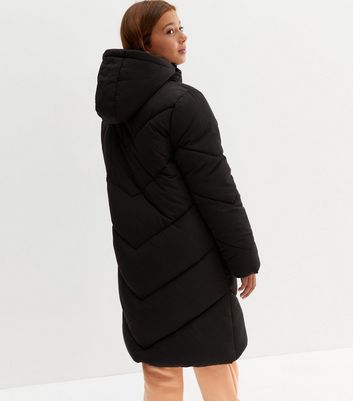 black hooded midi puffer jacket