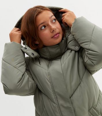 Girls Khaki Hooded Midi Puffer Jacket | New Look