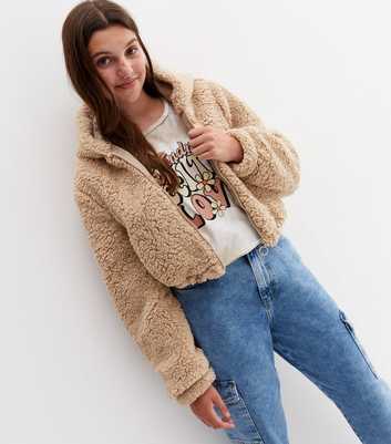 Girls Camel Hooded Teddy Crop Jacket