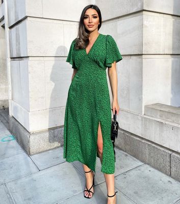 Damen Bekleidung AX Paris Green Animal Print V Neck Split Midi Dress