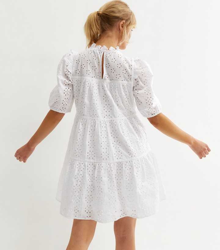 White Broderie Frill Tiered Mini Smock Dress