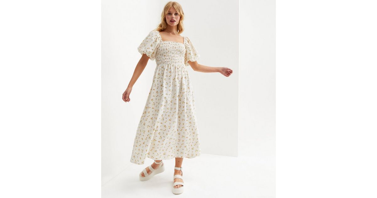 White Ditsy Floral Linen-Look Shirred Midi Dress | New Look