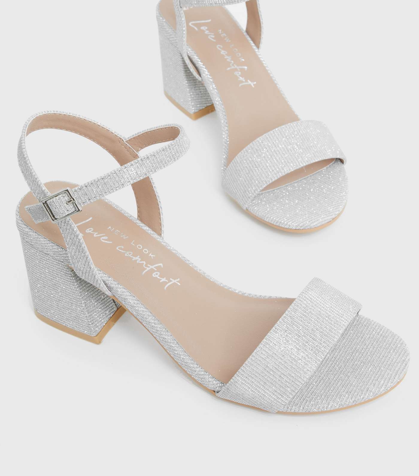 Silver Glitter Mid Block Heel Sandals Image 3