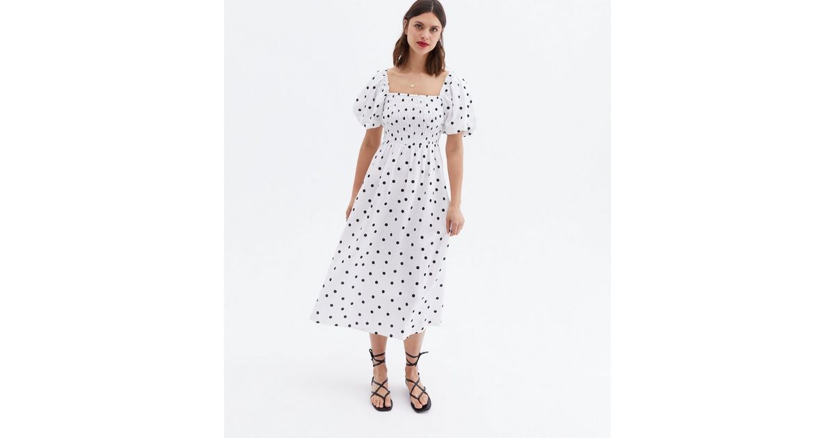 White Spot LinenLook Shirred Square Neck Puff Sleeve Midi Dress New Look