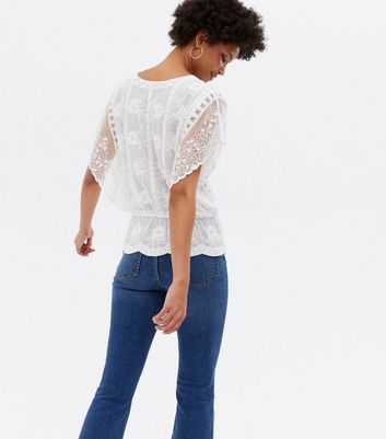 White Floral Lace Mesh Peplum Blouse 