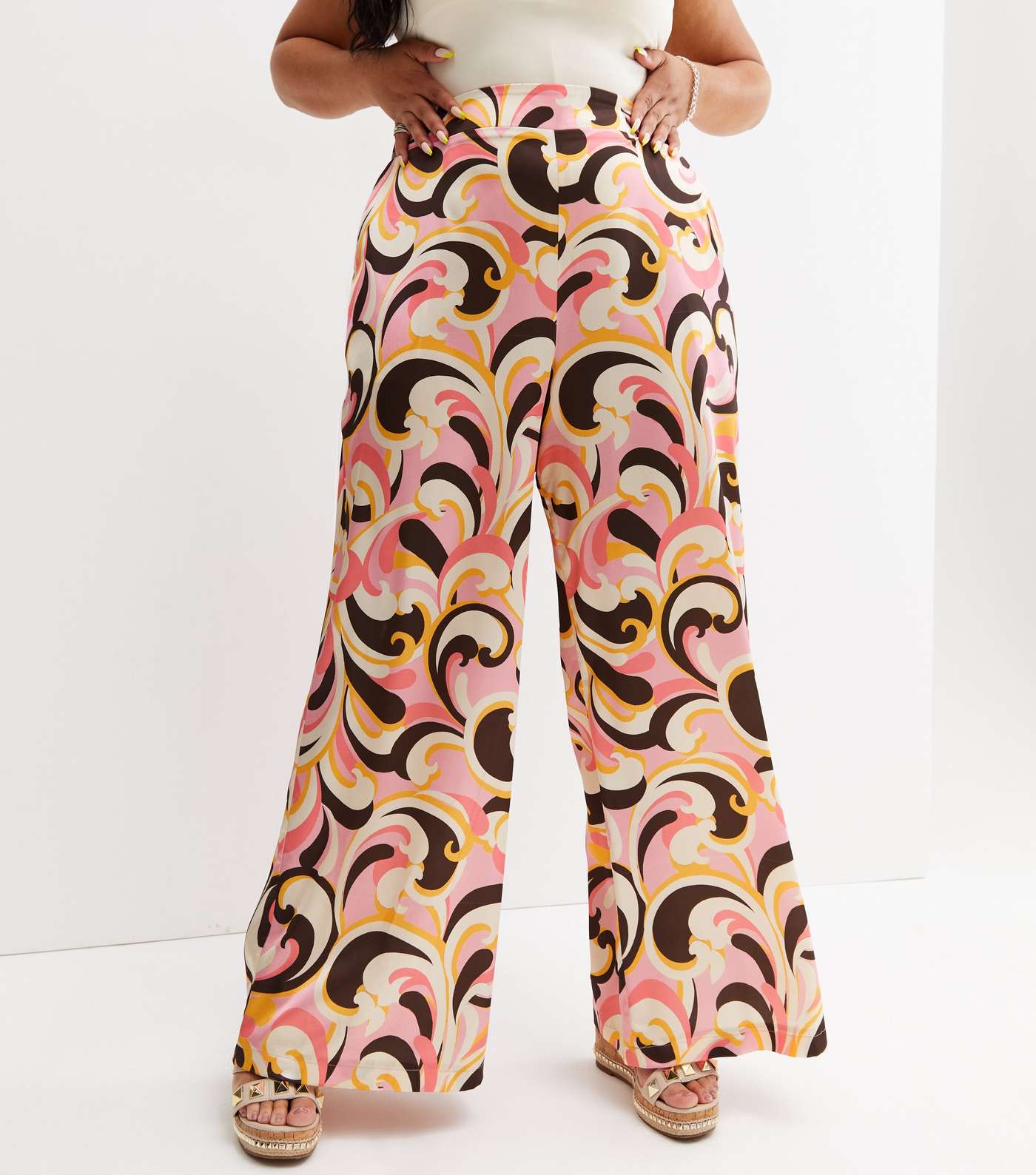 Retro Swirl Orange Satin Wide Leg Trousers Image 5