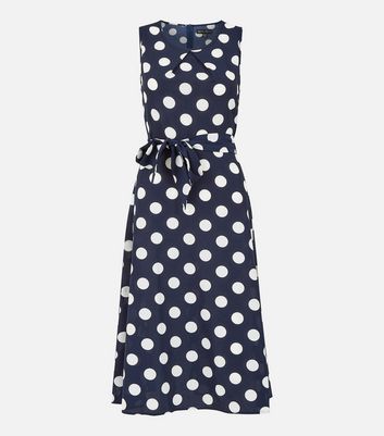 Click to view product details and reviews for Mela Navy Spot Belted Sleeveless Midi Dress New Look.