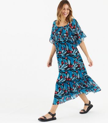 Zibi London Blue Leaf Shirred Maxi Dress New Look