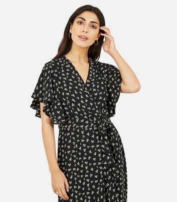 Mela Black Ditsy Floral Midi Wrap Dress New Look