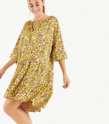 Zibi London Yellow Floral Satin Mini Smock Dress New Look