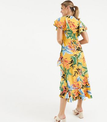 Zibi London Orange Tropical Print Midi Wrap Dress New Look