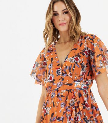 Zibi London Orange Floral Frill Midi Wrap Dress New Look