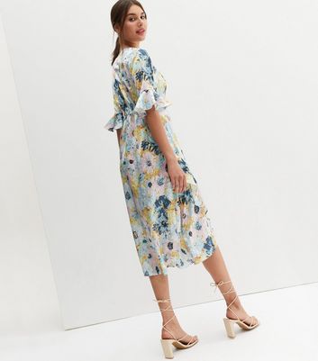 Zibi London Blue Floral Satin Midi Wrap Dress New Look