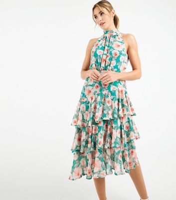 Zibi London Green Floral Asymmetric Frill Midi Dress New Look