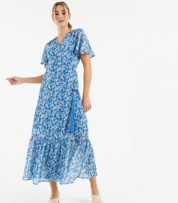 Zibi London Blue Ditsy Floral Chiffon Midi Wrap Dress New Look