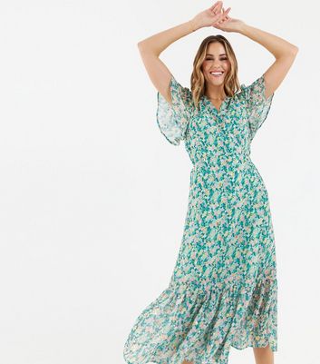 Damen Bekleidung Zibi London Green Ditsy Floral Midi Wrap Dress