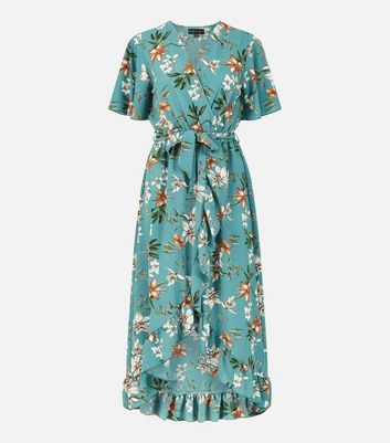 Mela Teal Floral Ruffle Midi Wrap Dress New Look