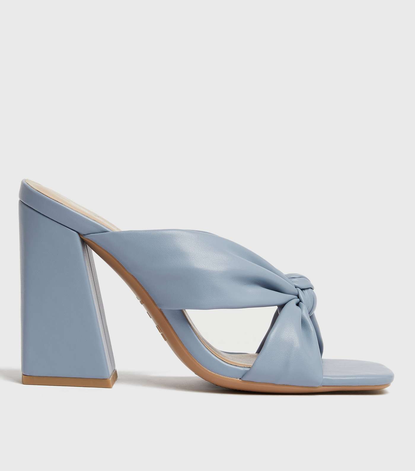 Pale Blue Knot Flared Block Heel Mules