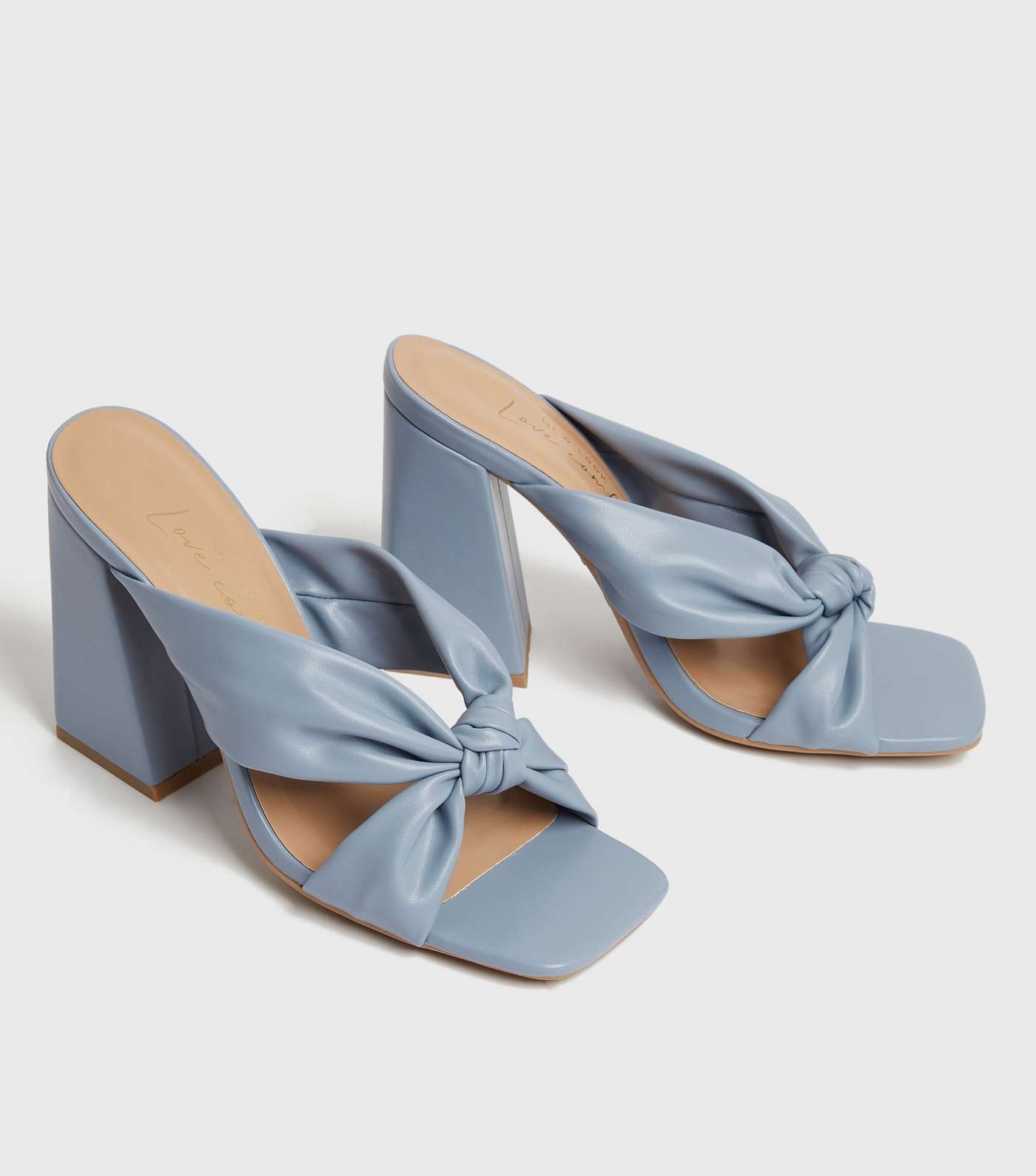 Pale Blue Knot Flared Block Heel Mules Image 3